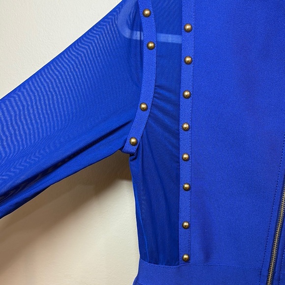 Blue Gold Embellished Bodycon Dress Mock Neck - Picture 5 of 5